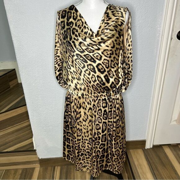REEM Silk Cape Cowl Neck Cheetah Animal Print Gold/Black Medium Dress Sz Large - Picture 2 of 11